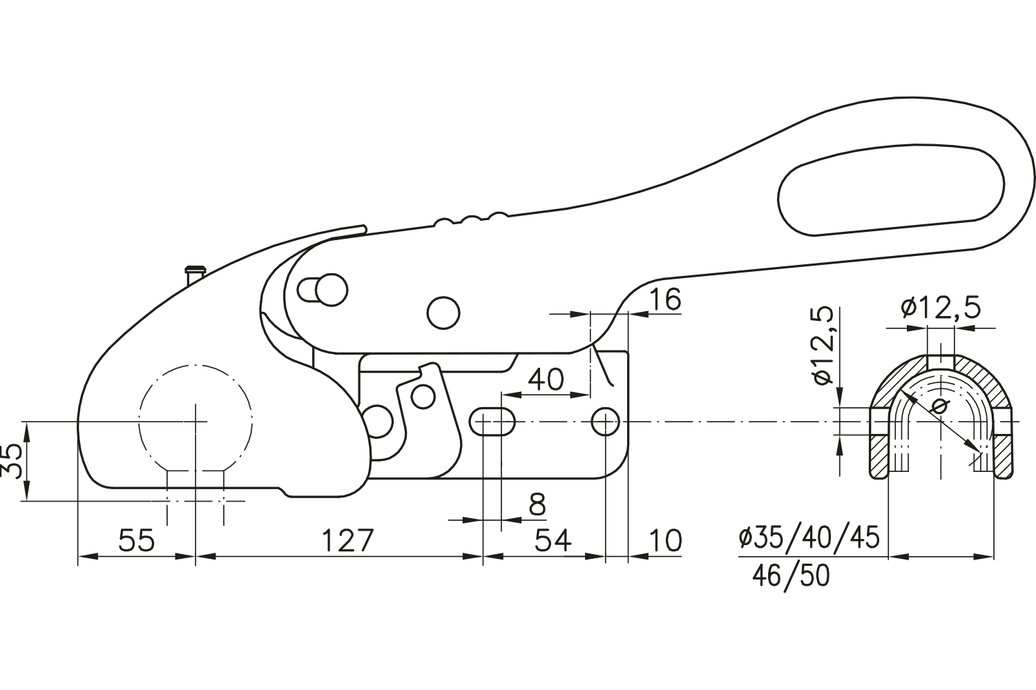Attelage à boule WINTERHOFF WS3000 avec stabilisateur pour remorque 3000kg avec timon tubulaire 35-50mm, fonte
